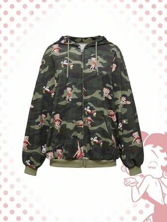 Betty Boop | ROMWE Y2K Style Sweet & Spicy Cartoon Figure & Camouflage All-Over Print Zip-Up Hoodie