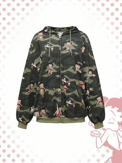 Betty Boop | ROMWE Sudadera con capucha con cremallera con estampado de figura de dibujos animados dulce y picante y camuflaje all-over en estilo Y2K