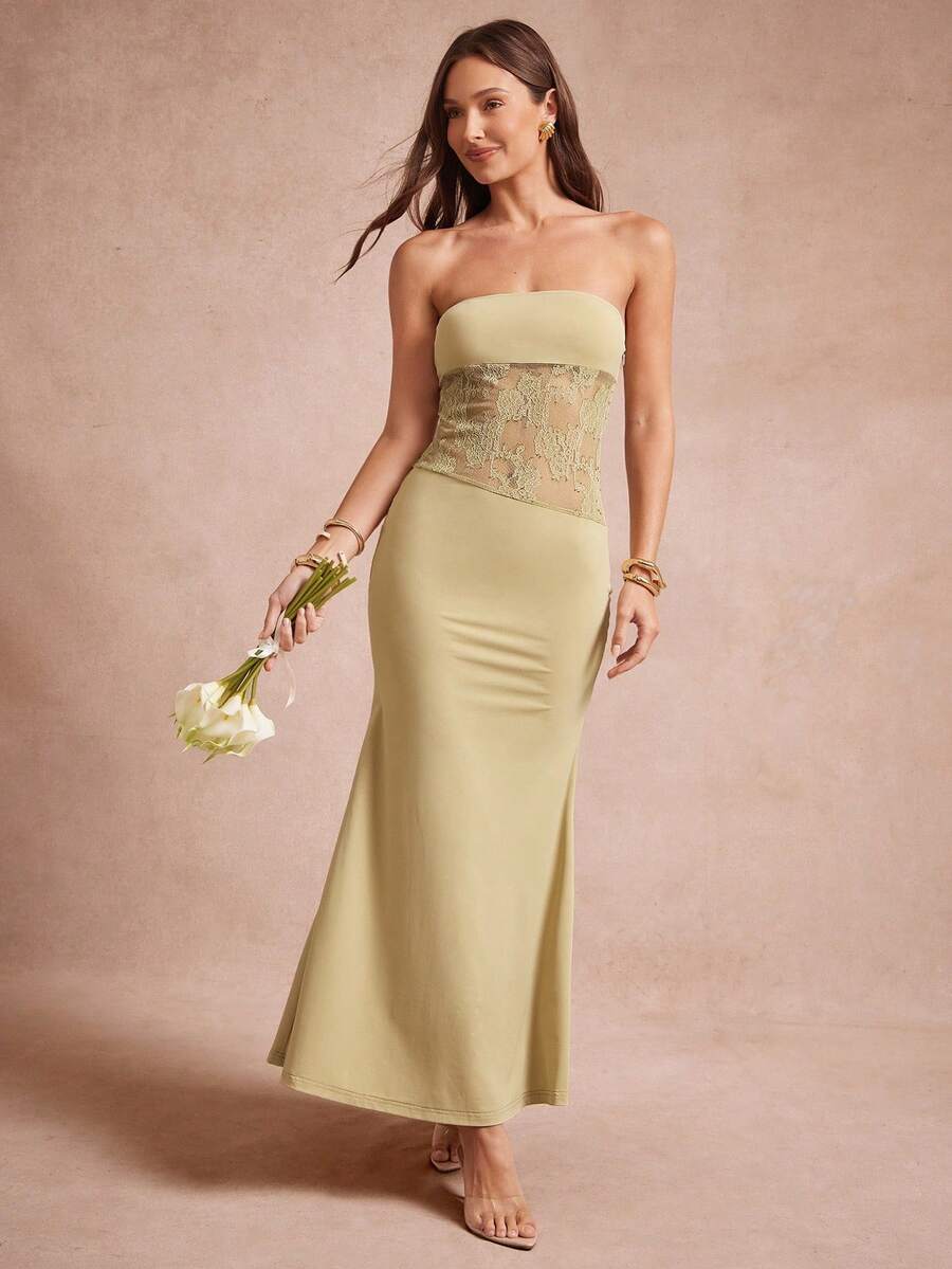 L'Amorae Gaun Maxi Musim Panas Elegan Tanpa Tali Bahu dengan Detail Renda dan Hem Model Ekor Ikan - Hijau - View 1