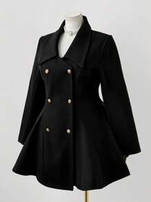 Sunspun Áo khoác dài tay hai hàng khuy ve trơn màu dành cho nữ, Thu/Đông - màu đen - Xem 6