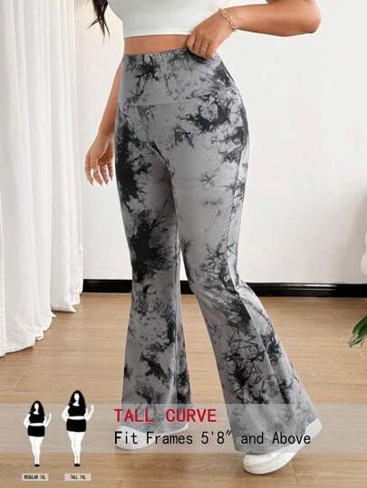 SHEIN Tall CURVE Plus Size High Elastic Tie-Dye Ruched High-Rise Flare Leggings