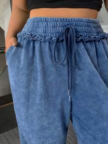 SHEIN EZwear 海军蓝直筒宽松休闲阔腿大码裤，下摆磨损 - 藏蓝色 - 查看 3