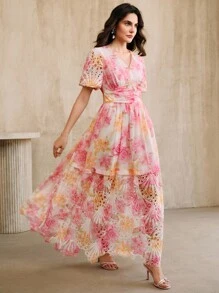 Anewsta 女式 V 领复古法式刺绣花卉印花灯笼袖束腰喇叭裙 - 粉色 - 查看 4