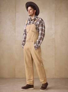 Manfinity Homme Mono holgado de pana caqui con parches y tirantes, estilo callejero, primavera/verano - Caqui - Ver 3