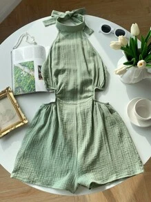 Comfortcana Jednokolorowy damski kombinezon z wycięciem i wiązaniem przy szyi - Zielony - Zobacz 6