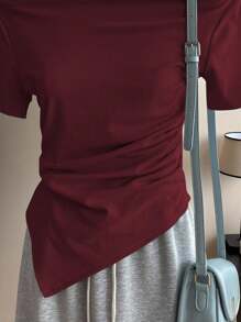 Lalippa Women's Summer Simple Solid Color Off-Shoulder Asymmetric Hem T-Shirt - Burgundy - View 3
