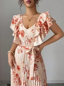 Elenzga Đầm nữ dáng chữ A in họa tiết kỹ thuật số phong cách nghỉ dưỡng nhún bèo eo thanh lịch lãng mạn - Nhiều màu - Xem 4