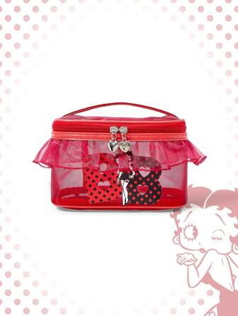 Betty Boop | ROMWE Figure Graphic & Polka Dot Pattern Fashionable Lace Mesh Portable Handheld Cosmetic Bag