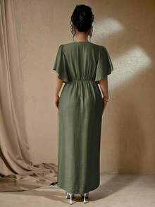 Elenzga Plus Size Women Summer Elegant Brown Tea Party Gym Vacation Wedding Guest Maxi Dress French Bohemian V-Neck Button Front A-Line Split Flared Sleeve - Army Green - View 2