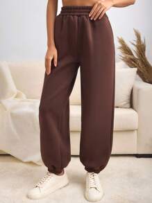 SHEIN PETITE Solid Elastic Waist Sweatpants - Brown - View 4