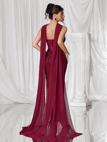 Coutiva 奢华晚礼服，绣花亮片舞会礼服，高端优雅淑女风格 - 酒紅色 - 查看 3