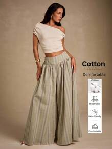 Glamine 女款杏色条纹低腰阔腿裤，时尚度假风 - 彩色 - 查看 1