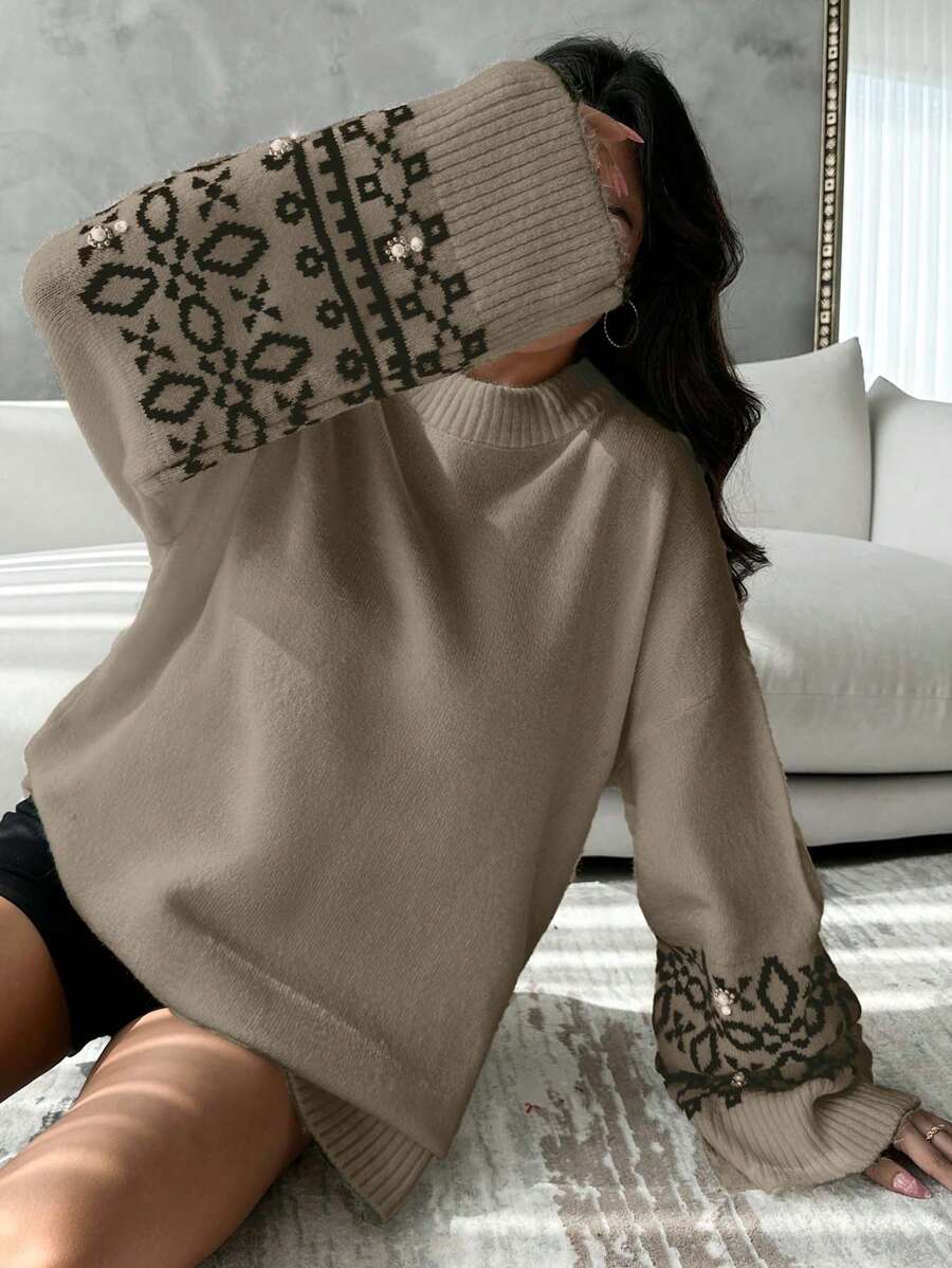 EURMUSE Women Geometric Print Crew Neck Long Sleeve Sweater - Mocha Brown - View 1