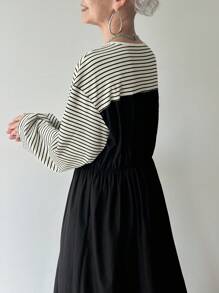 FRIFUL Women's Round Neck Splicing Striped Camisole 2 In 1 Long Dress, Autumn Long Sleeve Dress Striped Dress Winter Dress Korean Dress Black Dress - Black - View 5
