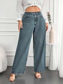 EURMUSE 100%Cotton Plus Zipper Fly Wide Leg Jeans - Light Wash - View 1