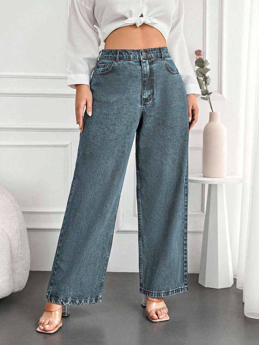 EURMUSE 100%Cotton Plus Zipper Fly Wide Leg Jeans - Light Wash - View 1