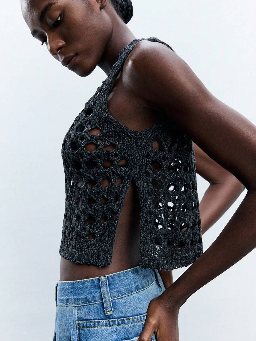Maija 女士纯色圆领侧开衩短款镂空透视针织上衣，度假风格休闲商务装，露肩 - 深灰色 - 查看 1