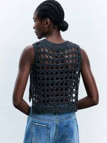 Maija 女士纯色圆领侧开衩短款镂空透视针织上衣，度假风格休闲商务装，露肩 - 深灰色 - 查看 3