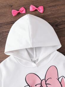 SHEIN 女童淺粉色可愛卡通圖案運動衫彈性腰長版冬季長褲套裝，保暖秋季休閒日常穿著與上學服飾 - 白色 - 查看 5