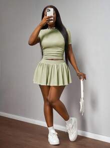 Slaydiva Damski, swobodny, jednokolorowy, marszczony T-shirt i mini spódniczka, 2 częściowy komplet, lato - Zielony - Zobacz 6