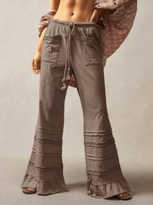 Bohemela Bohemian Style Solid Color High Waist Flare Leg Knit Pants, Spring/Summer Ruffle Boho For Women Bell Bottom Tiered Pants,Fall Clothes - Brown - View 7