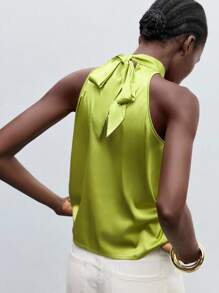 Maija Women's Lace-Up Satin Halter Neck Loose Shoulder Blouse Shirt, Dignified & Elegant Office Casual Wear - Olive Green - View 2