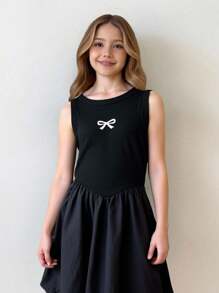 SHEIN Tween Girl Black Summer Casual Birthday Dress With Bow,Daily Versatile Comfortable Round Neck Sleeveless Splicing V-Shaped Waist Knitted Bubble Dress - Black - View 5