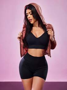 SHEIN Sports 女式纯色落肩透视休闲短款拉链运动夹克 - 棕色 - 查看 3