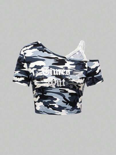 J-Fashion maglietta da donna con stampa asimmetrica a spalla, con teschio e strass, in stile Y2K Harajuku Punk