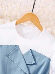 SHEIN 2 件套青少年女孩通勤风格白色拼布杏色短袖褶皱长裙，春夏 - 灰色 - 查看 3