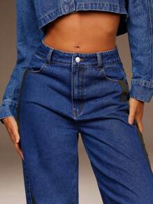 Athîral Denim Denim Casuais Femininos de Denim Lavado com Remendos, Vintage, Streetwear, Viagem no Aeroporto, Vestuário Feminino de Outono - Azul - Visão 5