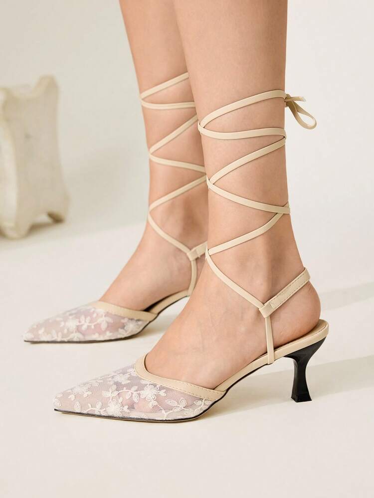 CUCCOO CHICEST Women's Fashionable Elegant White Lace Criss-Cross Strap High Heel Pumps