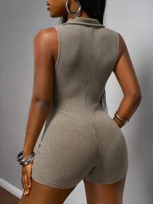 Slaydiva Women's Casual Sleeveless Bodycon Romper, Summer Bodycon Jumpsuit Ribbed Jumpsuit Sleeveless Jumpsuit - Khaki - View 4