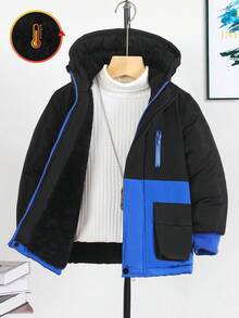 1pc Young Boy's Thickened Contrast Color Long Sleeve Padded Coat, Suitable For Daily Wear, Commuting, School, Autumn/Winter, Outdoor Activities Fall