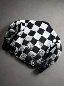 PAVTROS Manfinity Streetrush Comfortable Contrast Checkerboard Pattern Men's Long Sleeve Jacket, Checkered Jacket, Black White Jacket, Race Car Jacket, Fall - Black - View 7