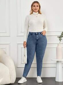 EURMUSE 97% Cotton Plus High Waist Mom Fit Jeans - Dusty Blue - View 3