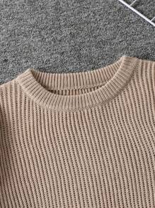 Sweter z prążkowanej dzianiny w jednolitym kolorze dla chłopców, swobodny, z okrągłym dekoltem - Morela - Zobacz 3