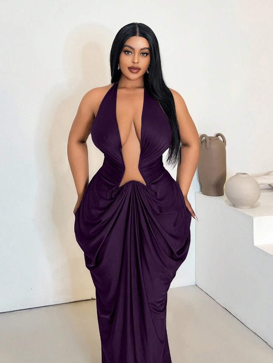 Maweii Plus Size Women's Solid Color Deep V-Neck Backless Ruched Sexy Halter Maxi Dress - Purple - View 1