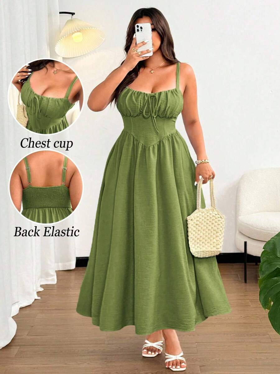 Sunnyshic Vestido maxi de playa elegante de unicolor con lazo delantero y tirantes de espagueti para mujer de talla grande, adecuado para la playa, resort, fiesta, cita, festival de música, primavera/verano, diseño versátil