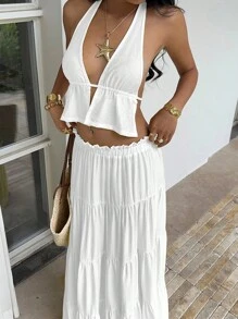 Sunnyshic Bộ 2 món áo hai dây hở lưng xếp ly cổ chữ V sâu bằng vải lanh vàng và chân váy maxi nhiều lớp nhún bèo cạp trễ, thanh lịch, gợi cảm cho kỳ nghỉ, bãi biển, tiệc tùng, hàng ngày, hẹn hò, thiết kế tối giản cho phụ nữ mùa hè - trắng - Xem 5
