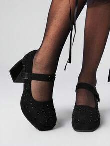 ROMWE Goth Giày Mary Jane đế dày cho nữ, Giày cao gót đế tròn phong cách cổ điển, Giày cao gót màu đen, Hàng mới về mùa xuân - màu đen - Xem 1