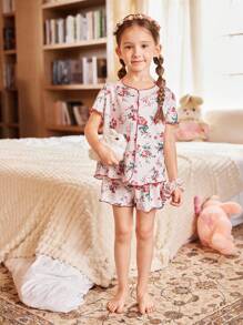 Pijama corto de manga corta y pantalón corto con decoración de lazo, ignífugo y cómodo para niña - Rosa - Ver 4