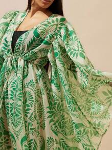 Vixey Kimono de gasa estampada con mangas anchas y abiertas, cintura con cordón - Rojo y negro - Ver 6