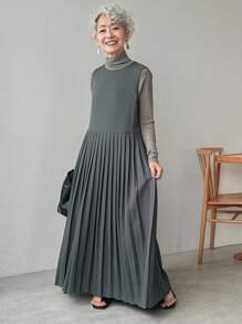 FRIFUL فستان كاجوال بياقة مستديرة وأكمام بلا أكمام، لون رمادي داكن، مزين بطيات في الذيل، مناسب للمكتب والأعمال الرسمية الكاجوال - رمادي غامق - مشاهدة 2