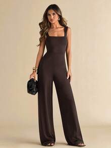 SHEIN BAE 女士优雅性感纯黑色细肩带阔腿连体裤，露背蝴蝶结设计，适合日常穿着、约会、郊游、派对、聚会、优雅女士分层穿着、外出服装、情人节、休闲、优雅、度假 - 咖啡棕 - 查看 3