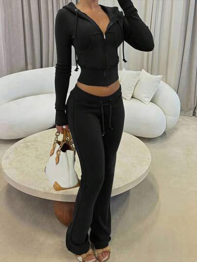 INAWLY Conjunto de chándal casual de mujer con sudadera con capucha con cierre delantero de unicolor y pantalones campana