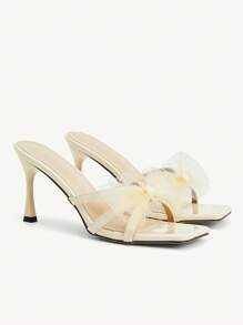 CUCCOO CHICEST Tacones de salón elegantes y cómodos con lazo decorativo y punta cuadrada de malla, de tacón medio, apropiados para el trabajo, el trayecto, citas, fiestas y ocasiones formales - Beis - Ver 8