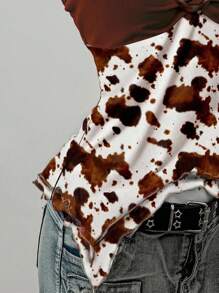 SHEIN EZwear 女士休闲复古褶饰胸部圆形装饰不对称下摆紧身吊带背心，适合夏季，Y2K，奶牛印花，复古，露背，细肩带，不对称下摆适合外出 - 彩色 - 查看 4