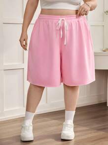 SHEIN CURVE+ 大码粉色休闲女式百慕大短裤，万圣节休闲装，返校季女装秋季、冬季，CURVE PLUS - 粉色 - 查看 3