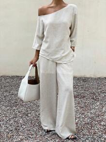 Livesso 2pcs/Set Women's Loose Casual Cotton Linen Style Solid Color Outfit, Autumn - White - View 3